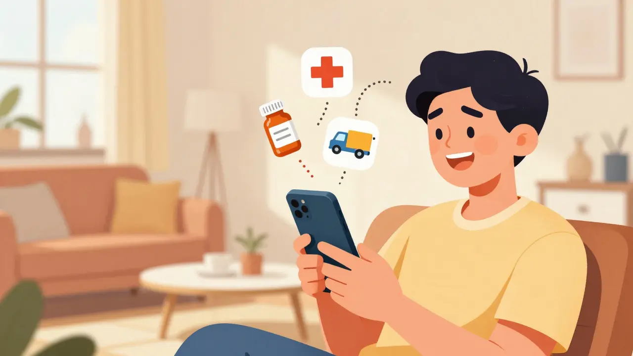 Vintage cartoon of a person using a phone for medical delivery