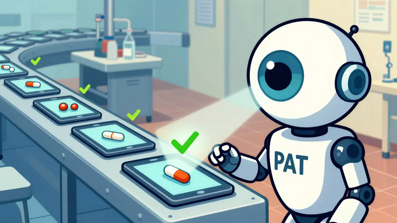 Vintage cartoon of a robotic eye scanning pharmaceutical tablets on a conveyor belt