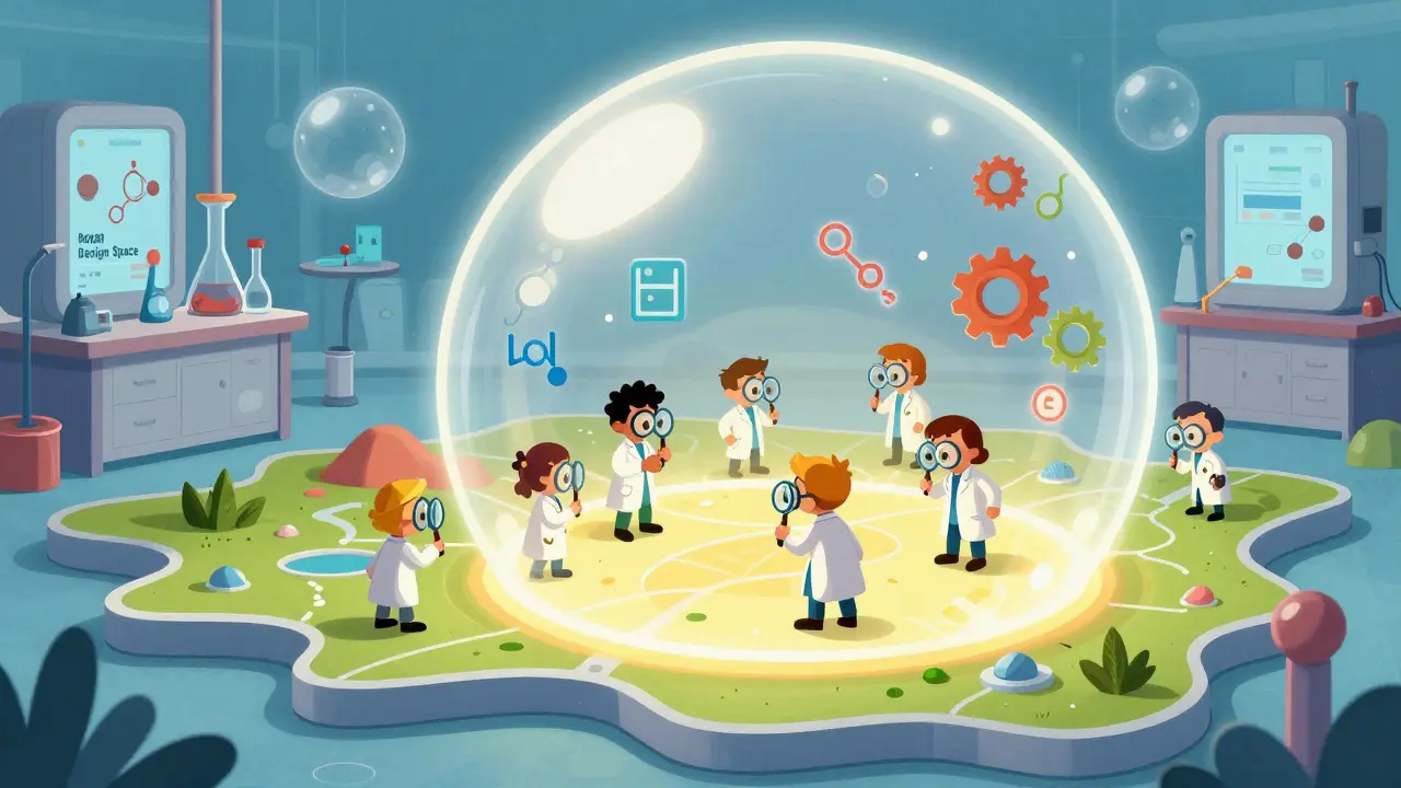 Vintage cartoon showing scientists exploring a colorful, 3D glowing design space map
