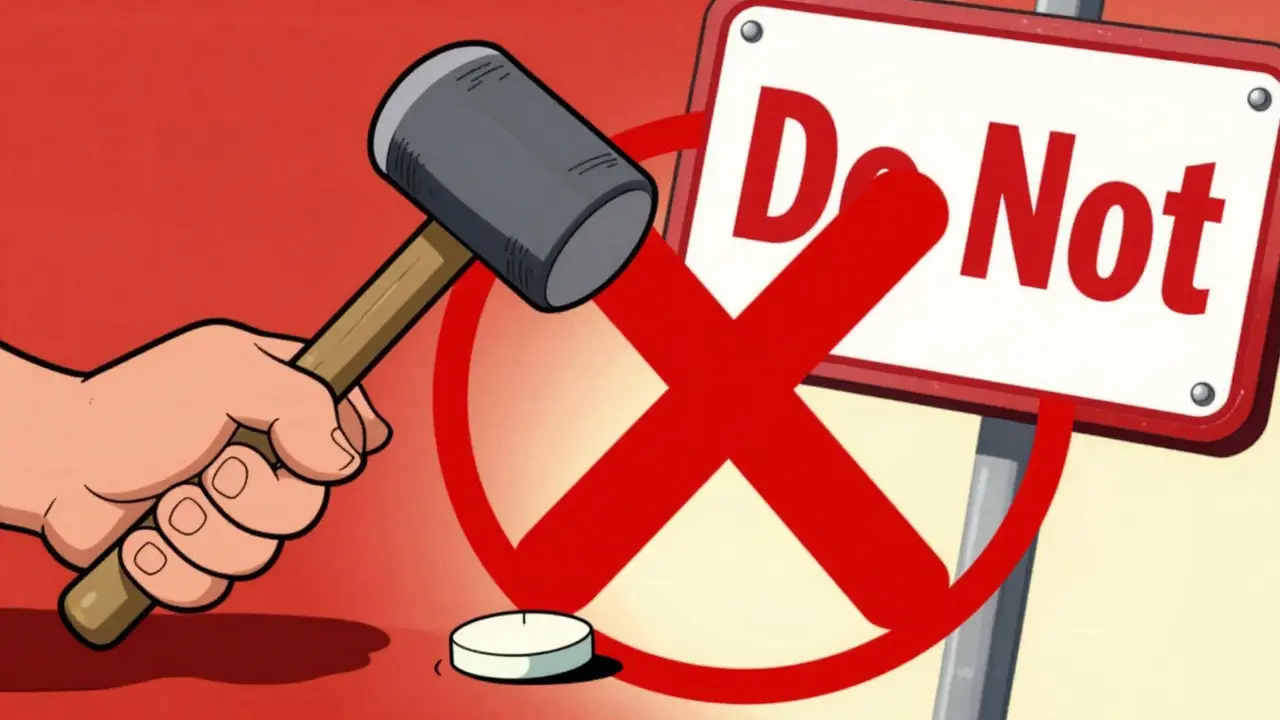 Vintage cartoon warning against crushing a sustained-release medication tablet.