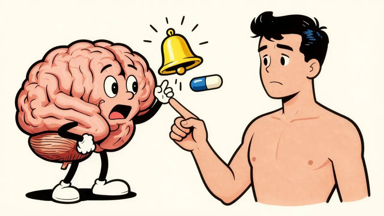 Vintage illustration of a brain sounding an alarm over a generic pill, depicting the nocebo effect.