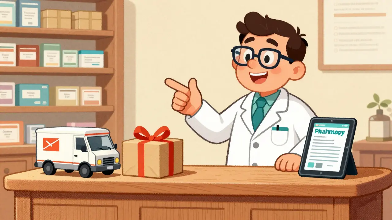 Vintage illustration of a pharmacist presenting different medication delivery options
