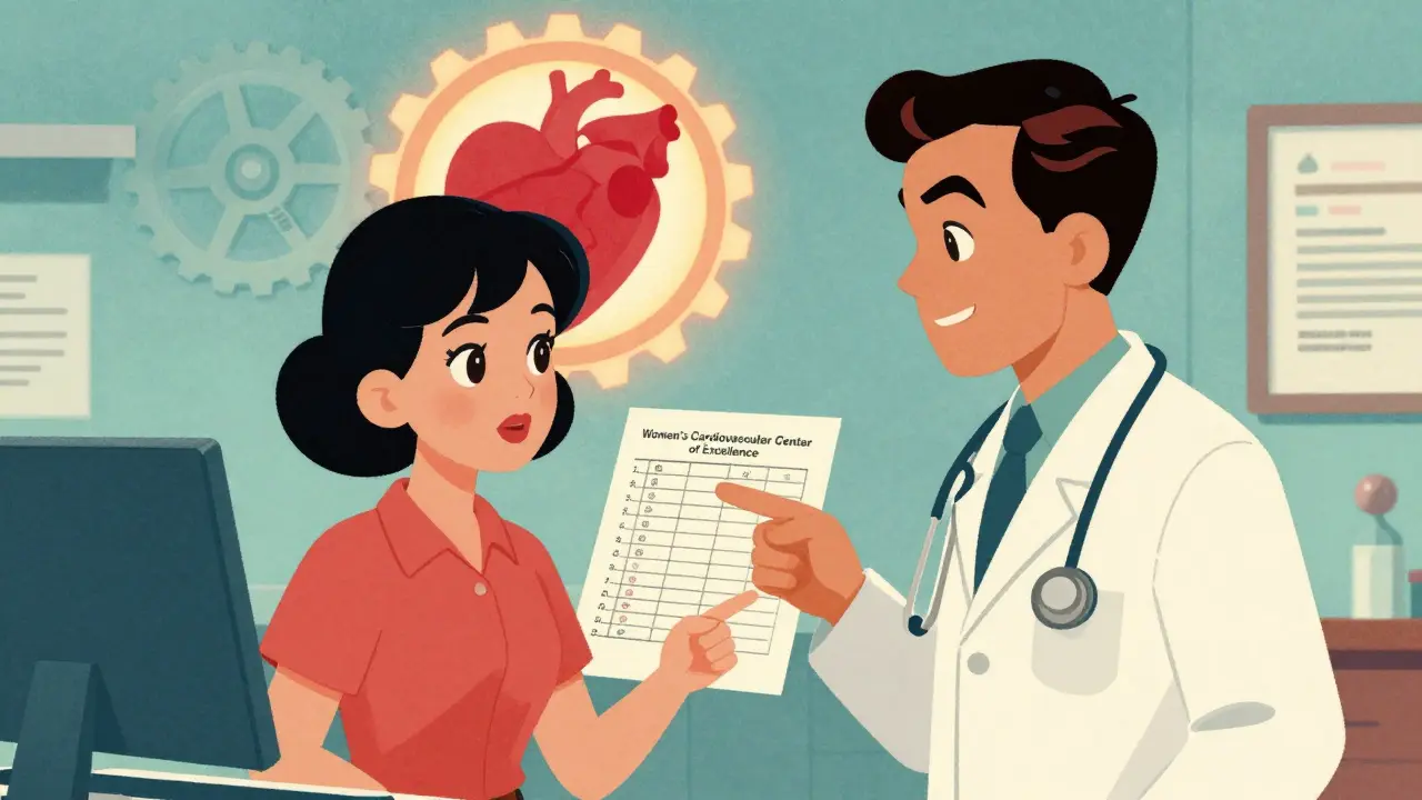 Woman advocating for her heart health with a doctor in a vintage cartoon style