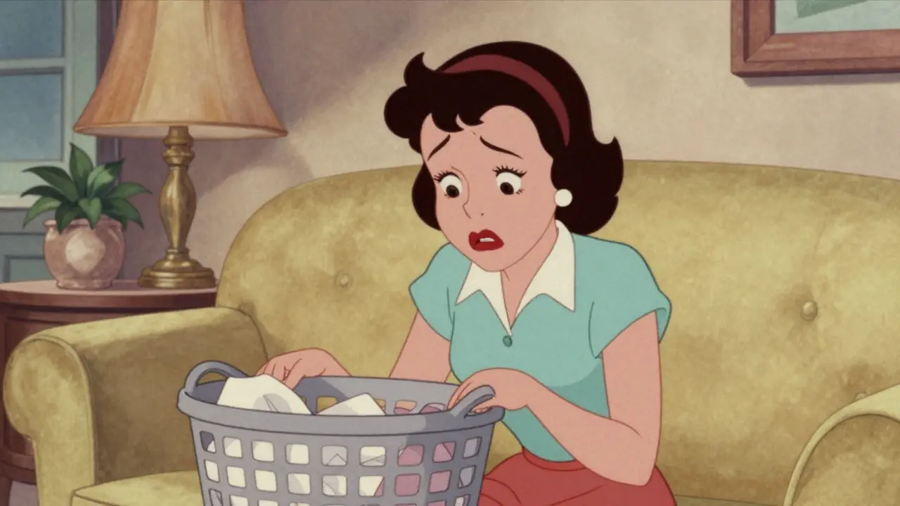 Woman experiencing extreme fatigue with a laundry basket in a vintage cartoon style