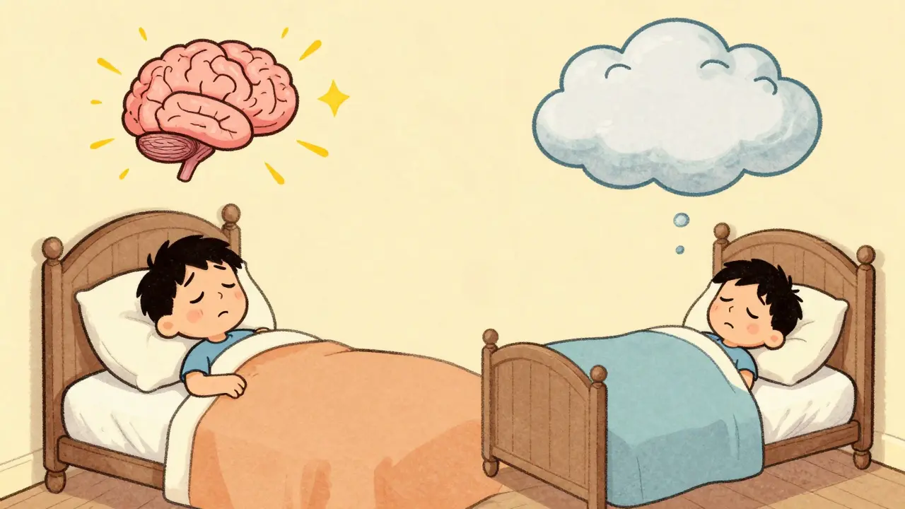 Cartoon character transitioning from anxiety to peaceful sleep after treatment.