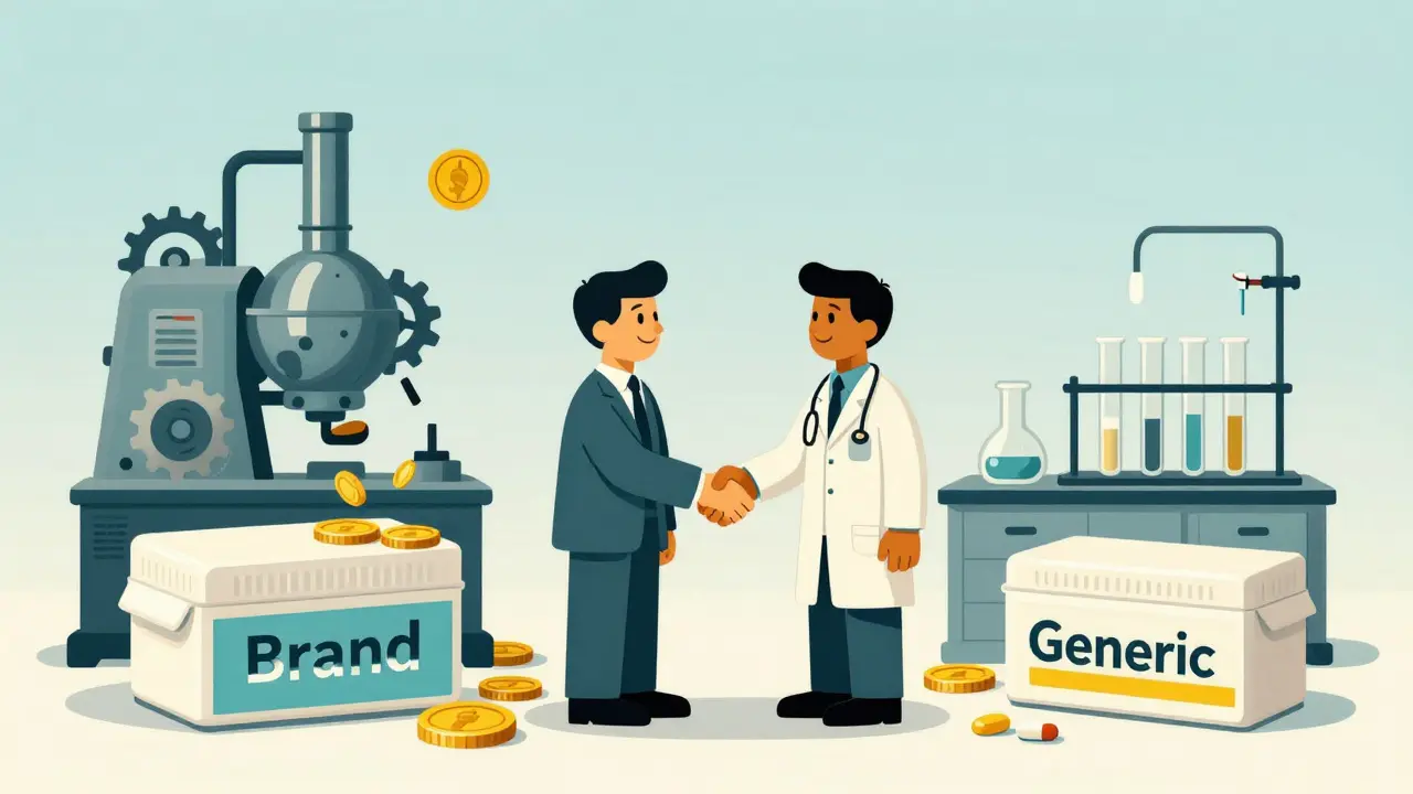 Cartoon comparison of brand vs generic drug manufacturing processes