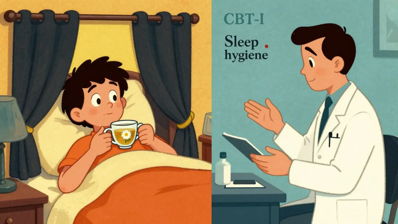 Cartoon comparison of ineffective sleep hygiene vs effective CBT-I therapy.