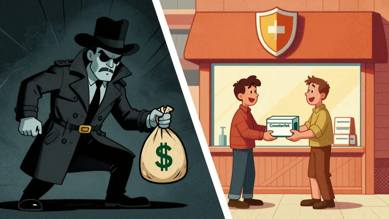Cartoon contrast between shady counterfeit dealer and safe licensed pharmacy