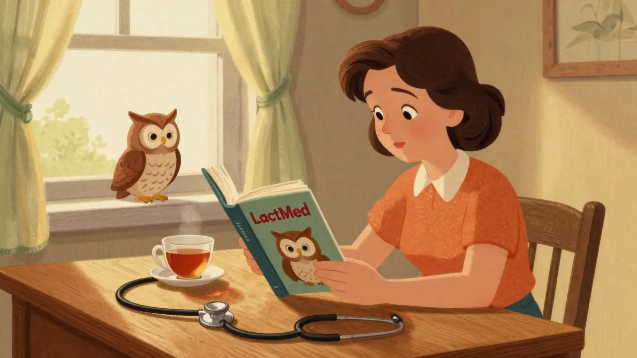 Cartoon of a mother reading a medical guidebook with a helpful owl mascot in a warm room.