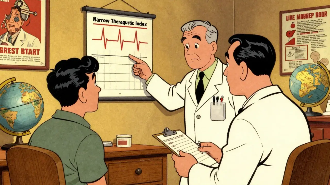 Doctor advising patient on medication monitoring in a retro office setting