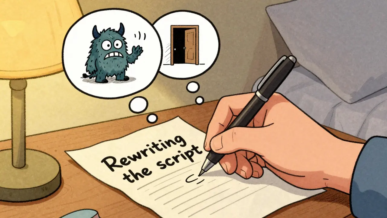 Hand rewriting a nightmare script on paper with floating ideas.