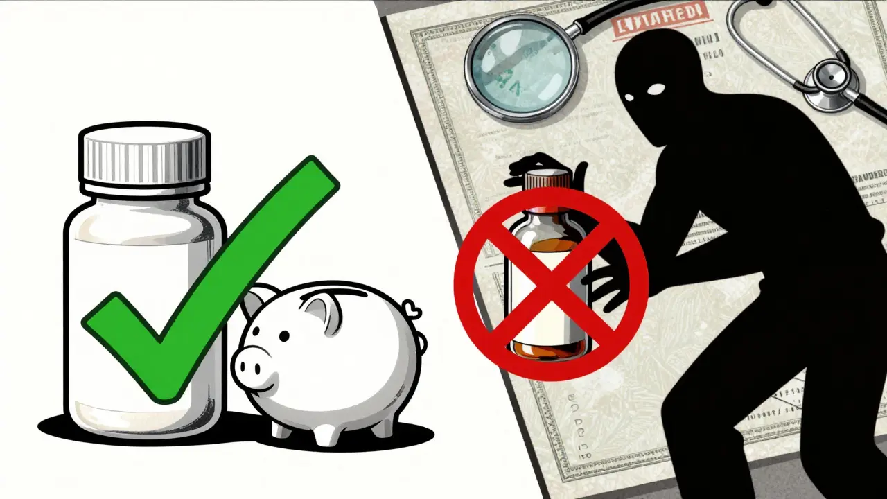 Illustration comparing safe generic drugs with unsafe counterfeit pills