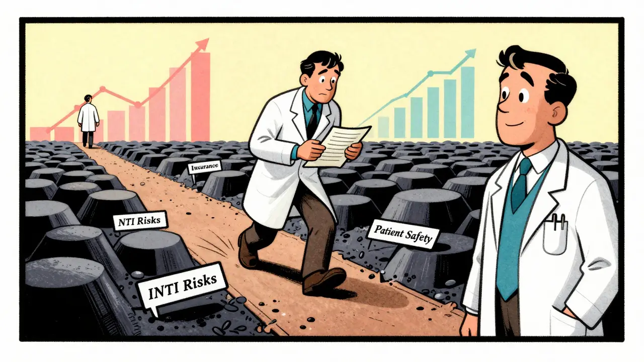 Illustration of pharmacist navigating risks and insurance hurdles