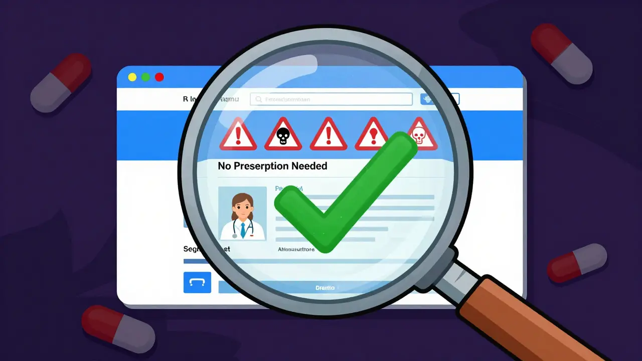 Magnifying glass revealing scam websites vs safe medical platforms