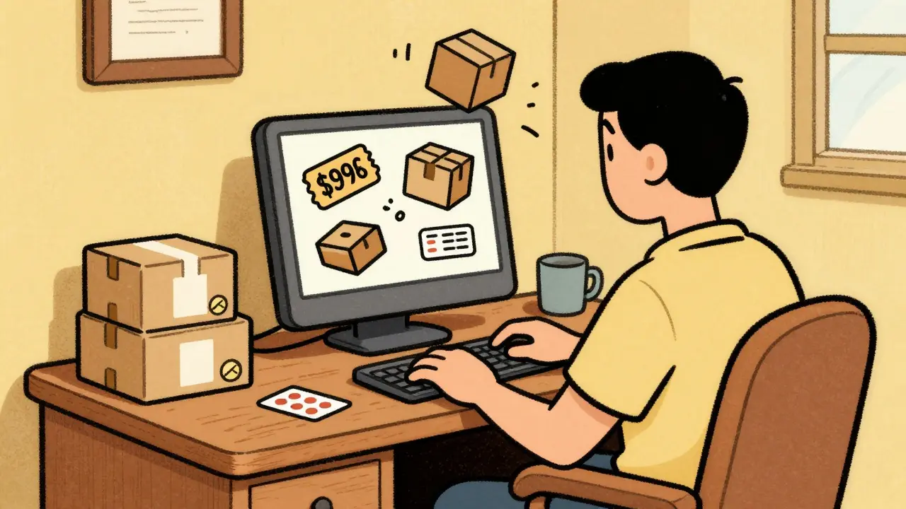Person browsing online pharmacy deals on computer at home desk