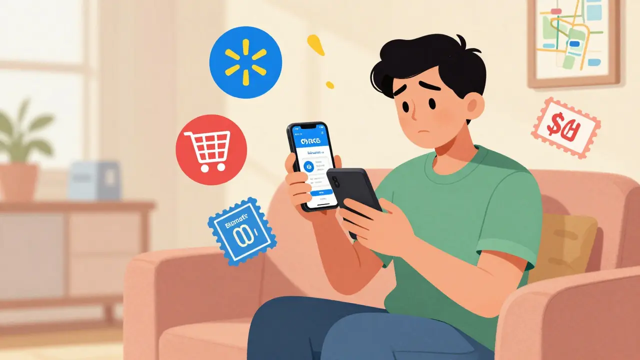 Person comparing pharmacy discount prices on phone in cozy living room.