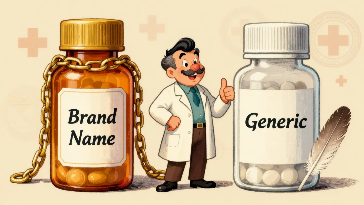 Retro illustration comparing expensive brand name pills to affordable generic ones