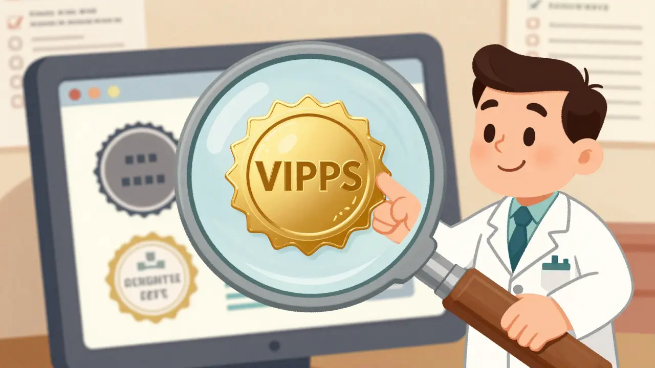 Retro illustration showing magnifying glass verifying genuine VIPPS pharmacy seal