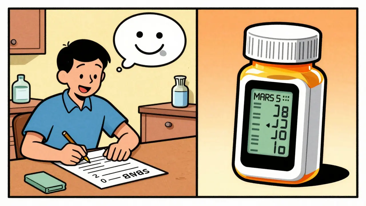 Split view comparing paper surveys and smart pill bottles for tracking meds.