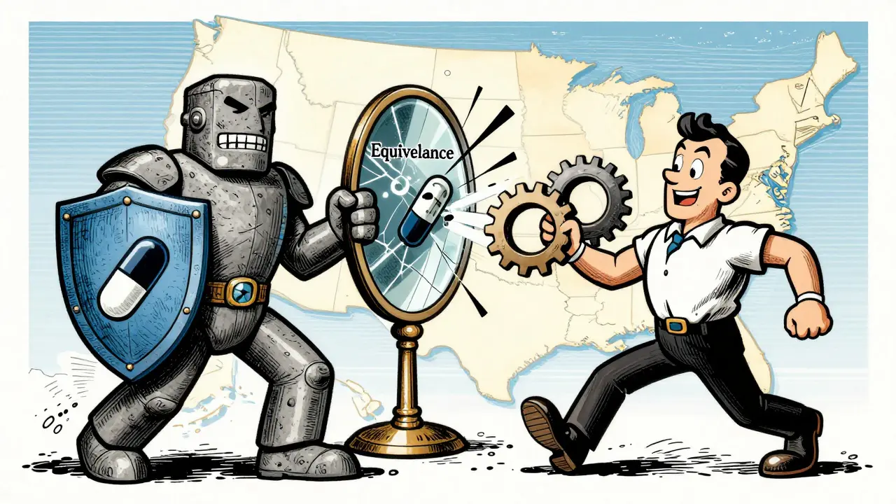 Vintage cartoon showing conflict between old laws and combo drugs