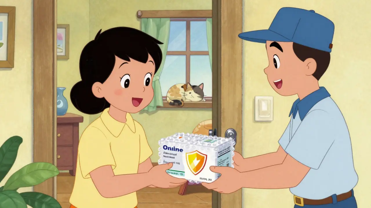 Vintage cartoon showing safe delivery of accredited generic medication to a home
