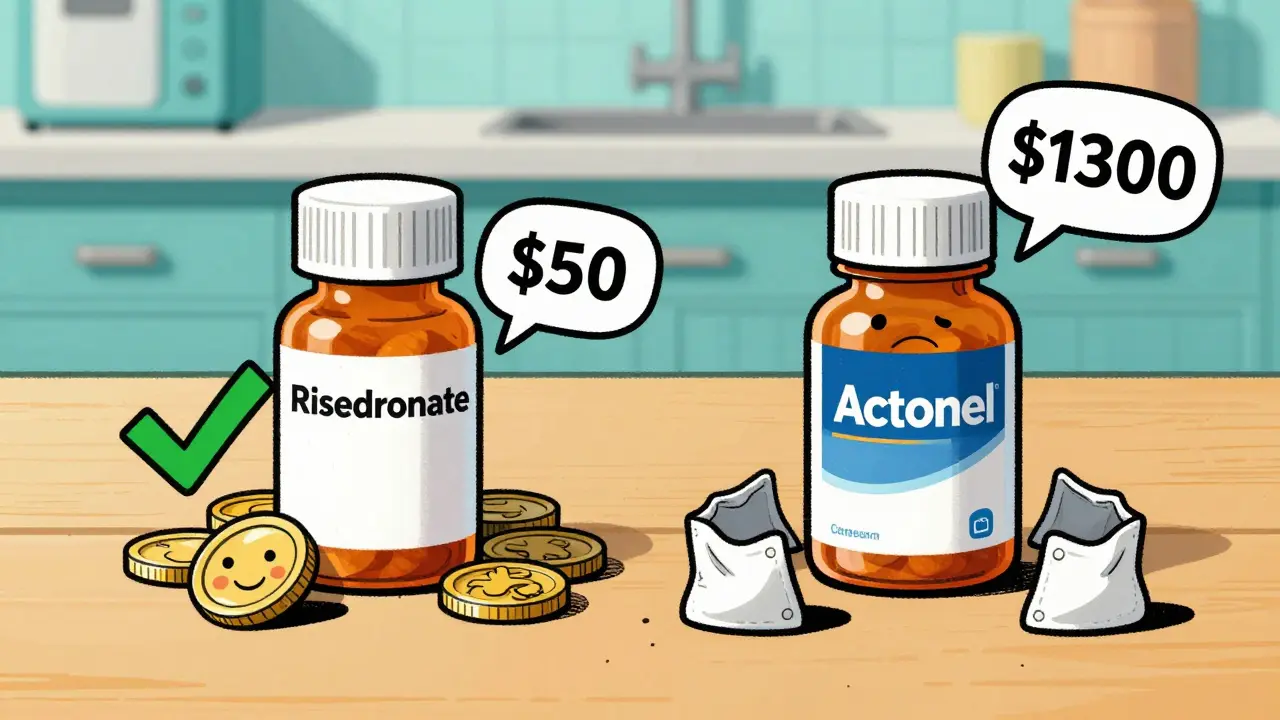Cartoon comparison showing cheap generic pills vs expensive brand name