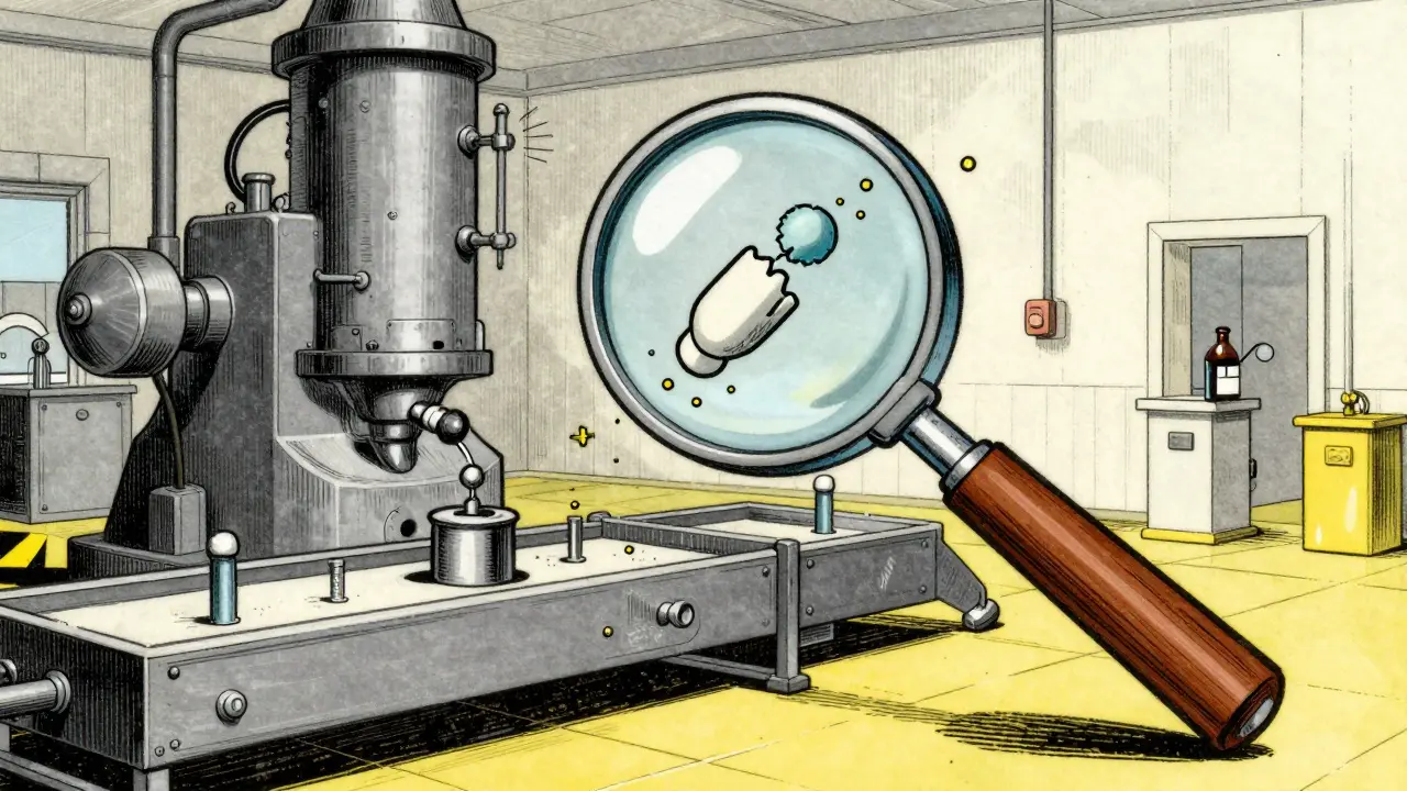 Cartoon factory floor showing microscopic contamination under a magnifying glass