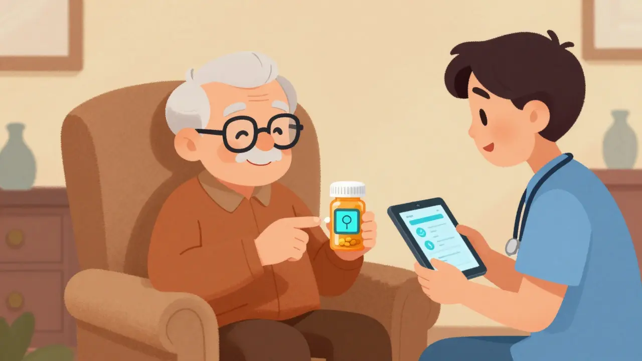 Cartoon of an elderly person using a smart pill bottle with a caregiver nearby in a cozy room.