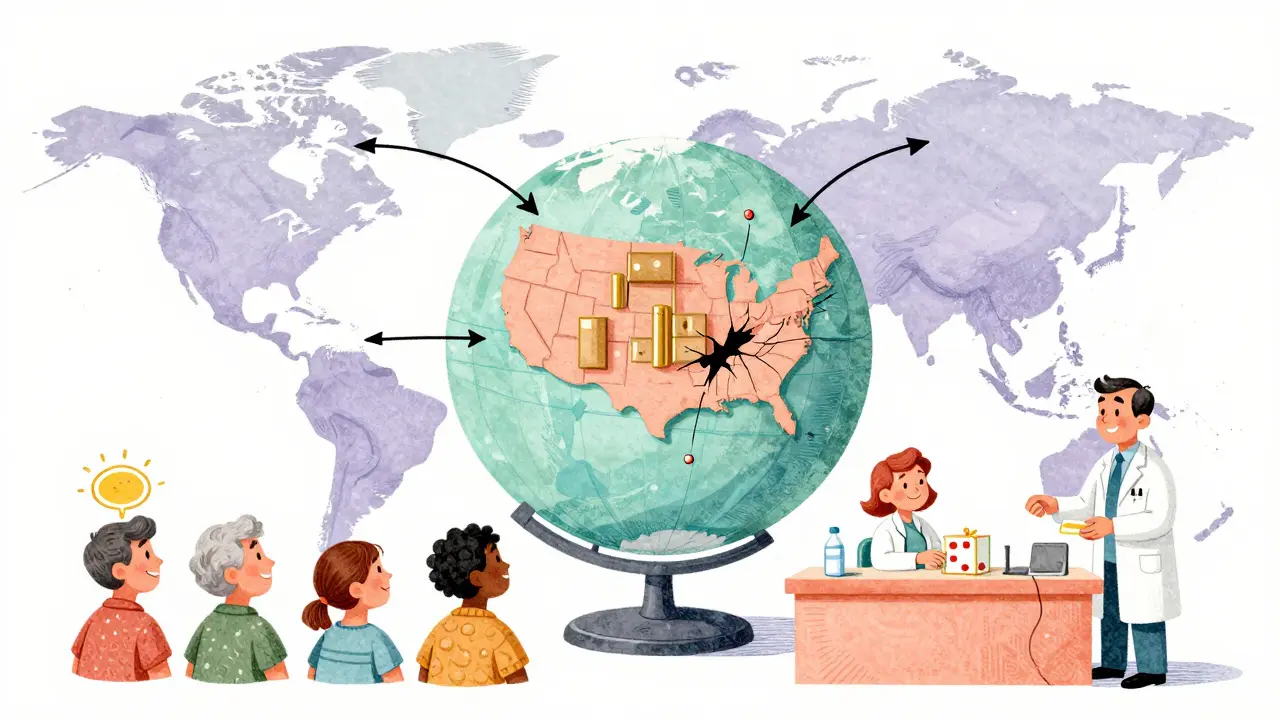 Cartoon showing global drug supply chain and affordable patient access
