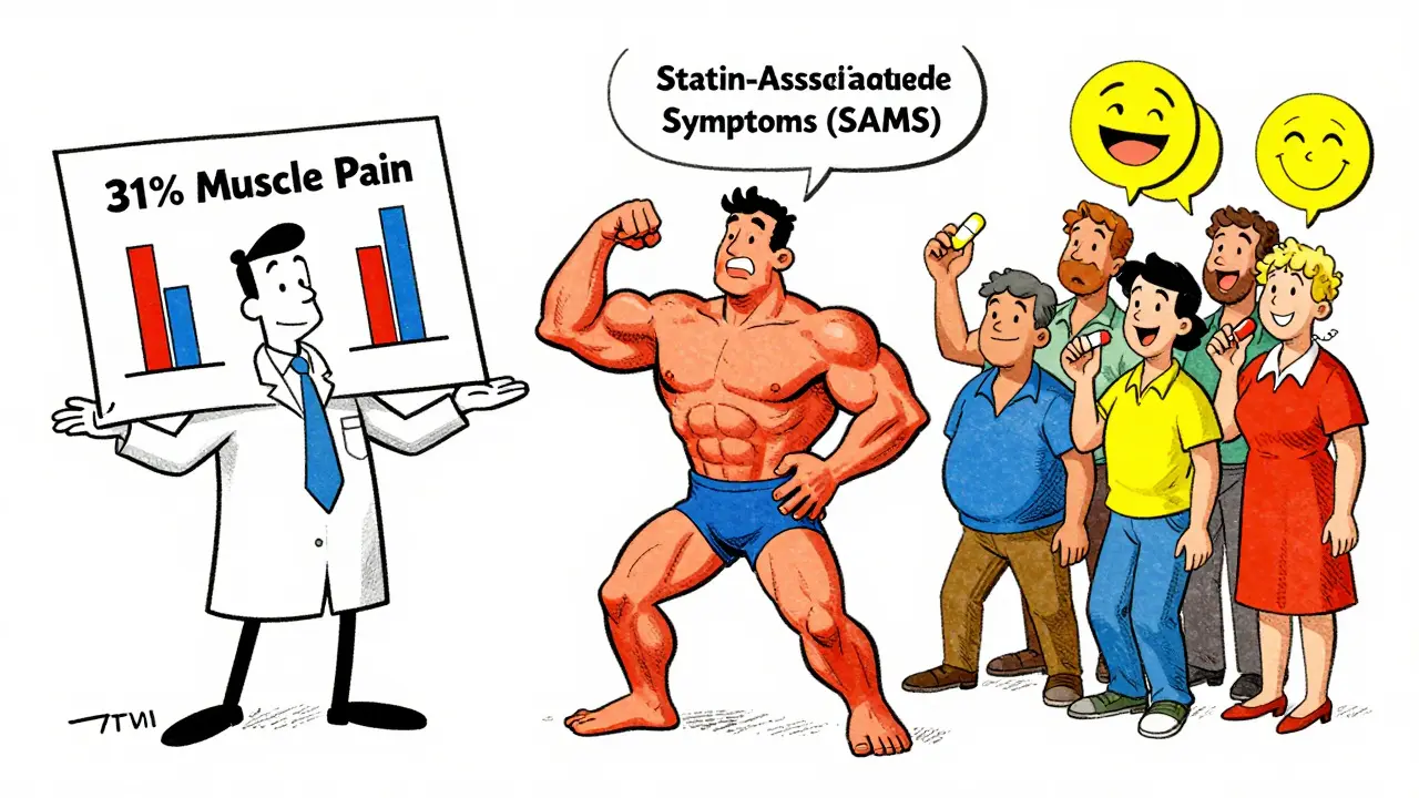 Cartoon showing trial data vs patient beliefs about muscle pain relief
