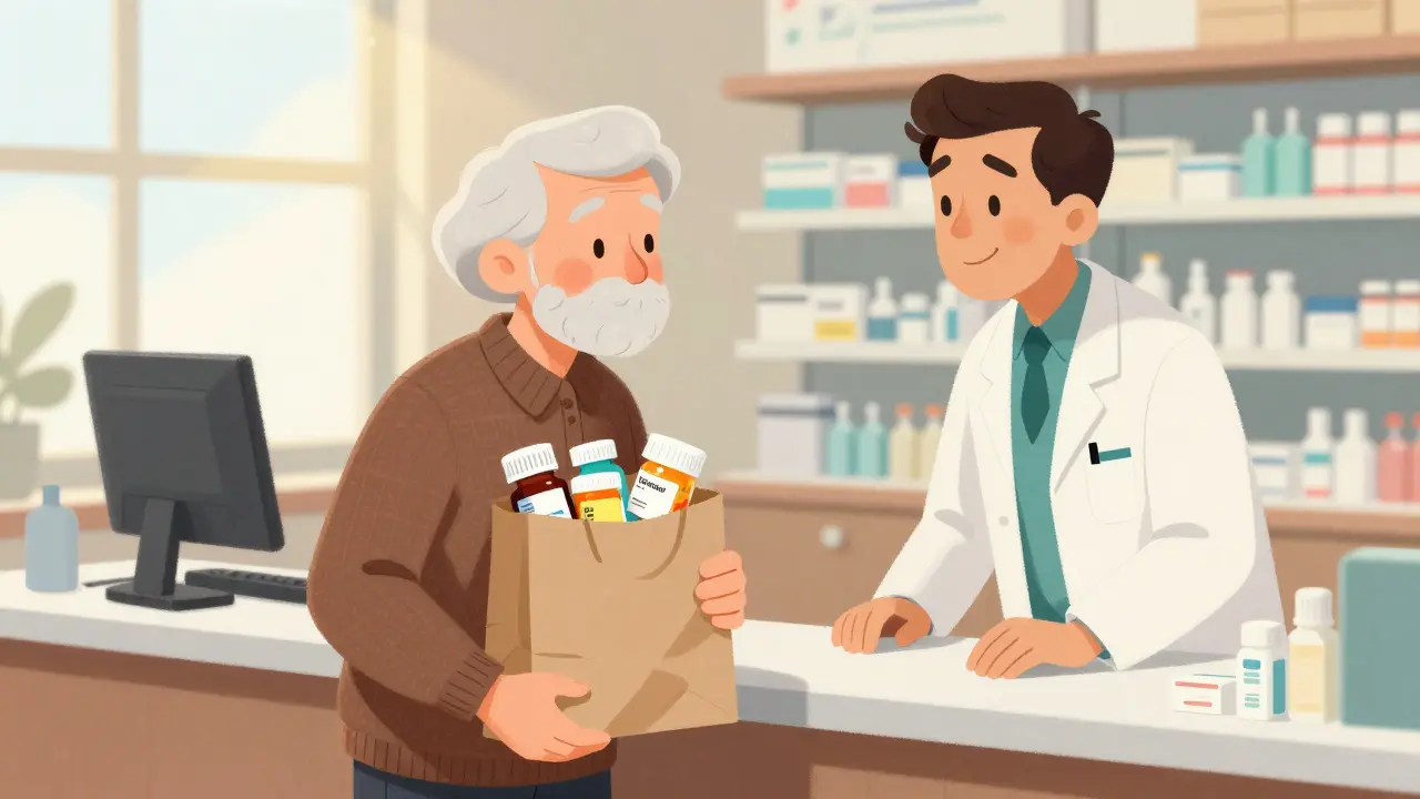 Elderly patient brings brown bag of meds to pharmacist for review in vintage style