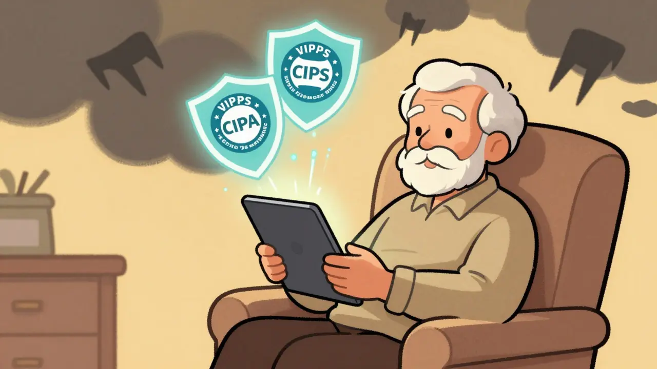 Elderly person safely buying meds online protected by accreditation shields