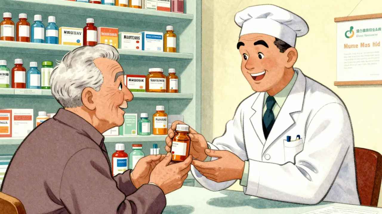 Illustration of pharmacist giving affordable generic medicine to patient