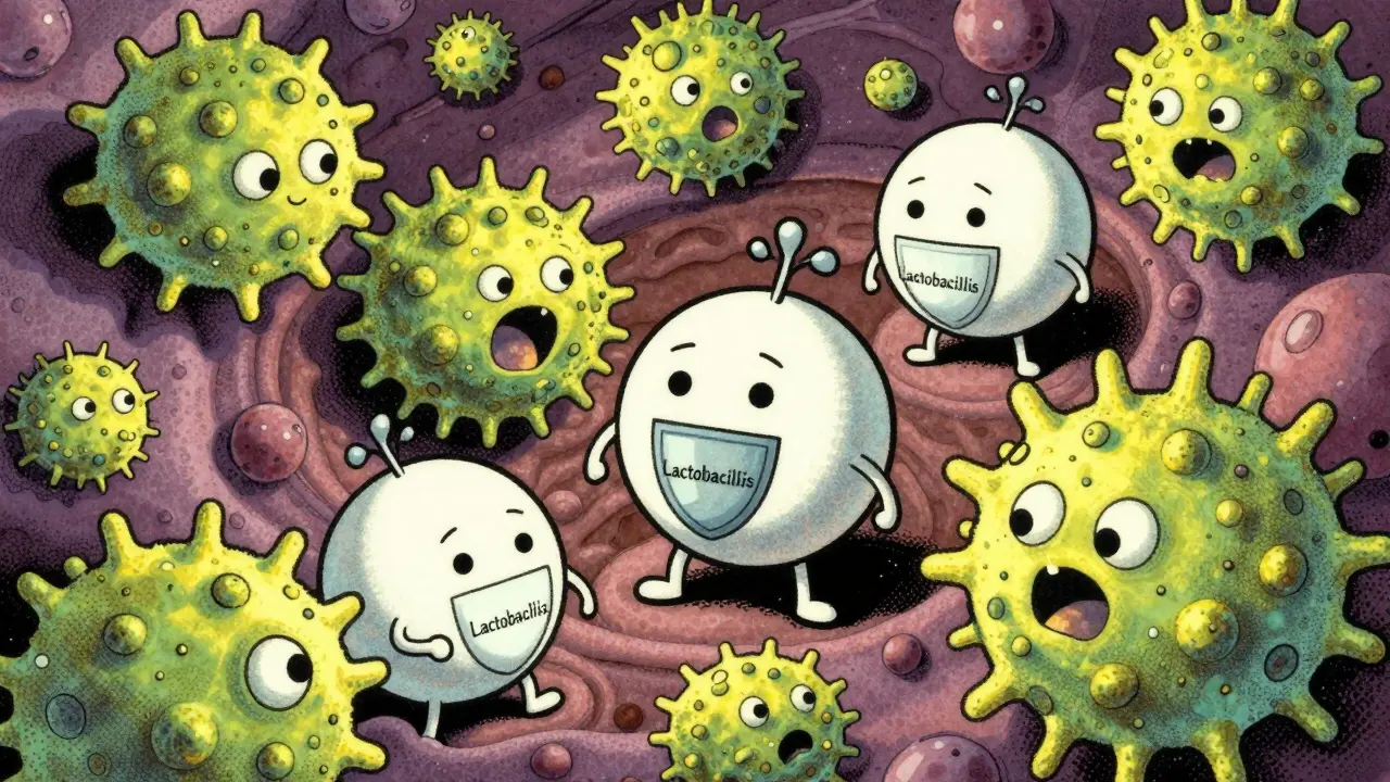Microscopic battle between good bacteria and yeast, retro art