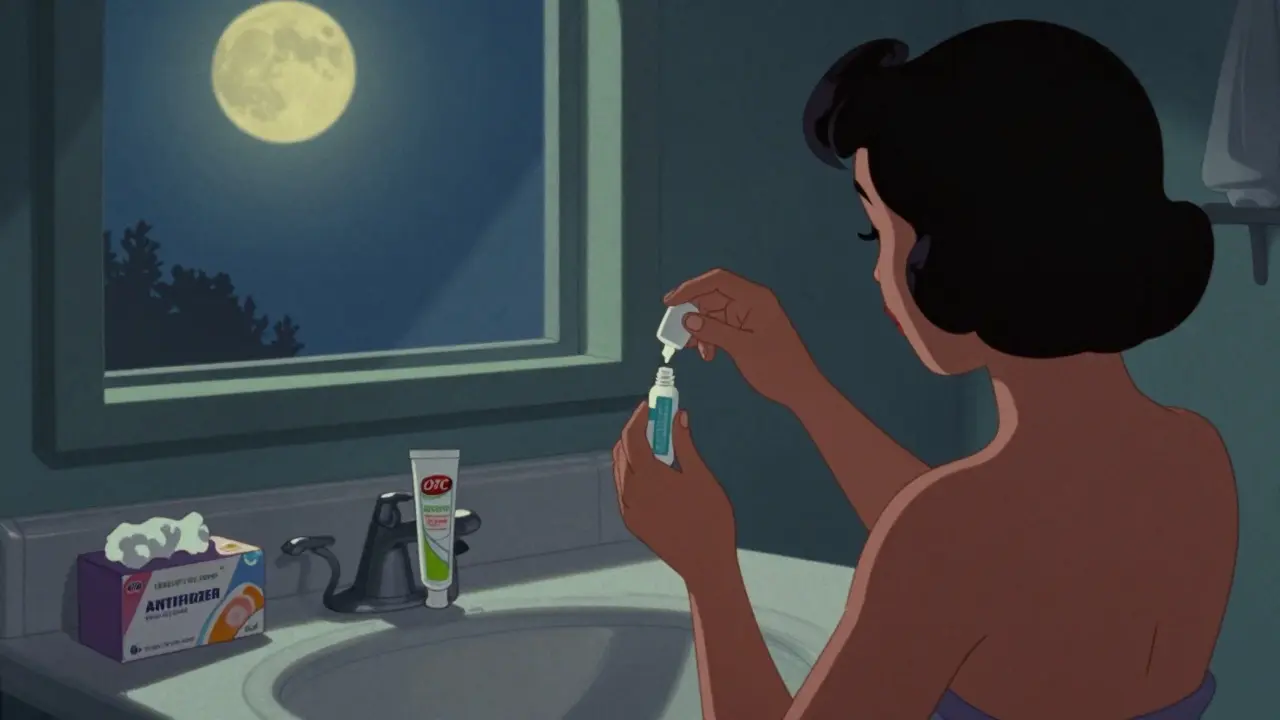 Nighttime preparation for OTC treatment, vintage illustration