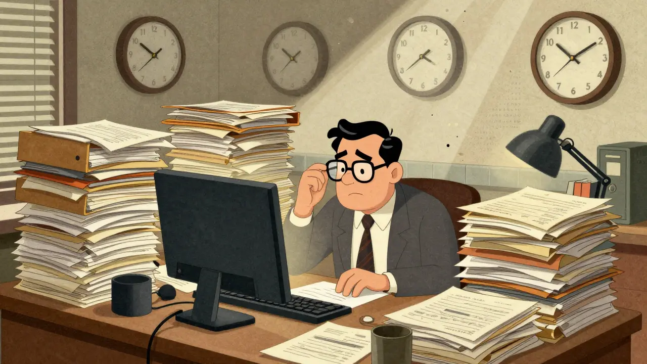 Overwhelmed worker buried under stacks of files in vintage cartoon art
