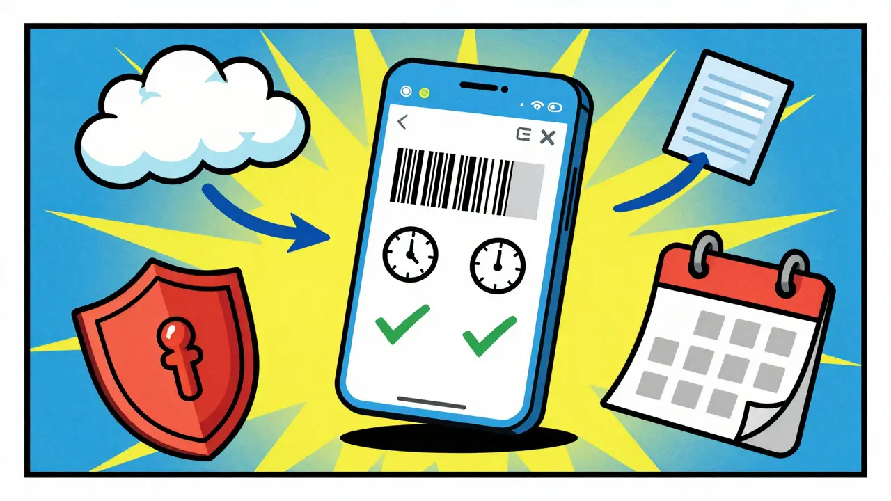 Retro illustration showing abstract concepts of app features like syncing, security, and tracking.