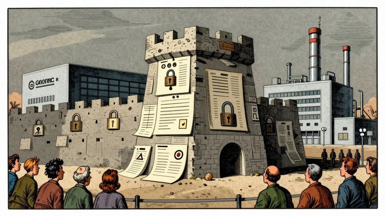 Vintage cartoon showing patent barriers blocking generic drug access