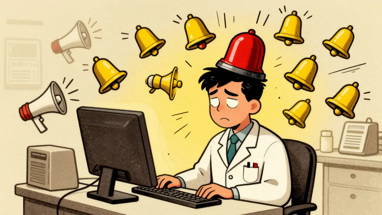 Vintage cartoon showing pharmacist ignoring alerts, surrounded by noise symbols