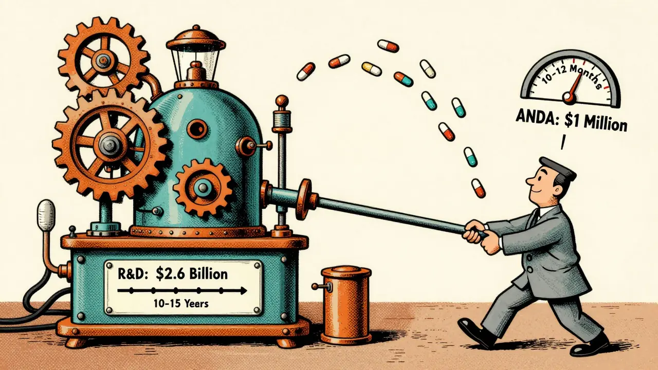 Vintage illustration contrasting complex drug R&amp;D with simple generic approval