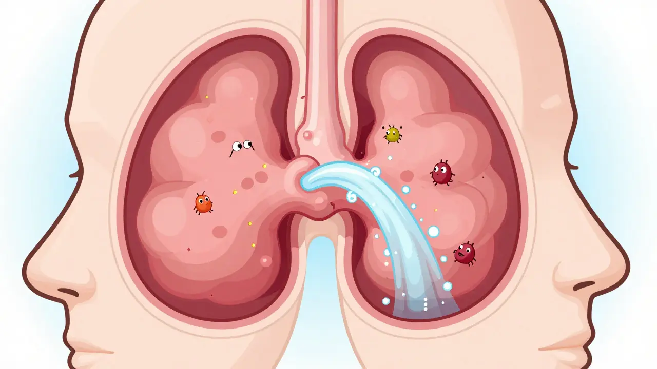 Cartoon cross-section of sinuses showing polyps and allergens being flushed by saline.