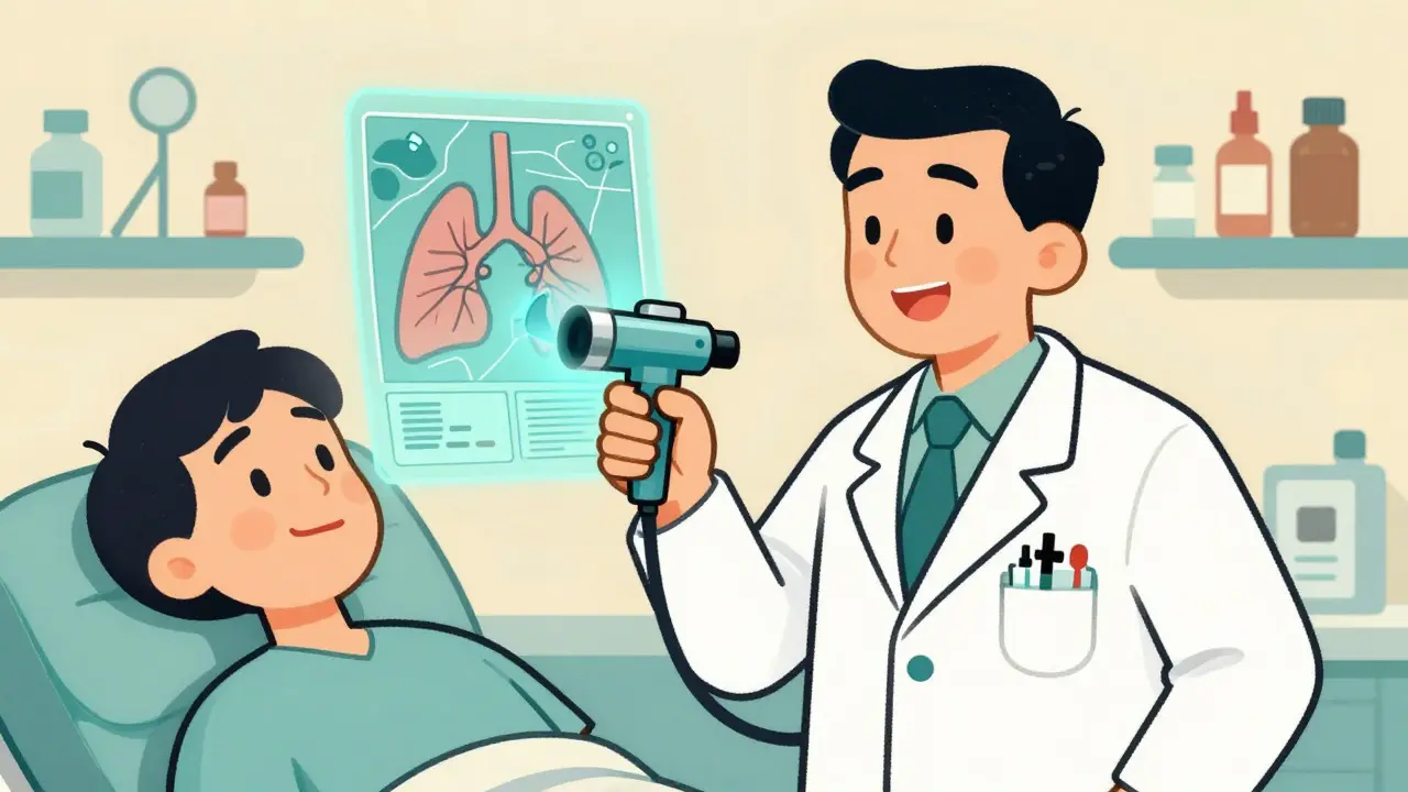 Cartoon doctor explaining sinus surgery options to a relieved patient with medical tools.