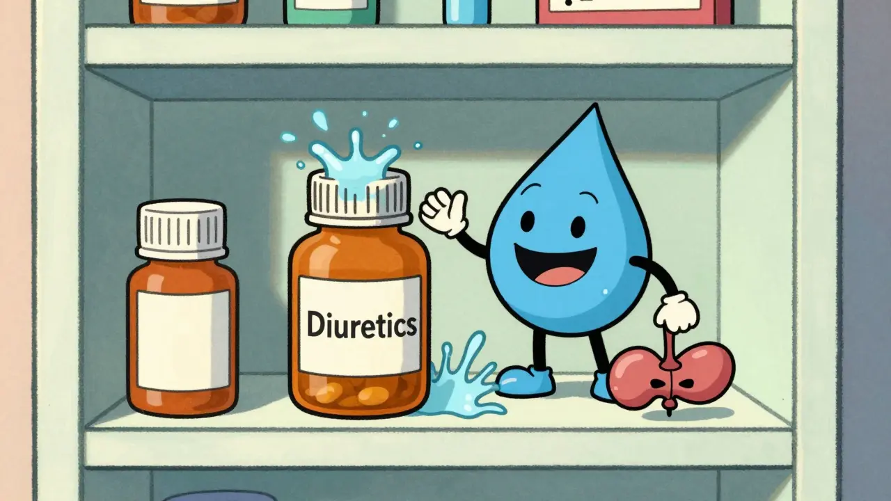 Cartoon pills and water droplet affecting bladder health