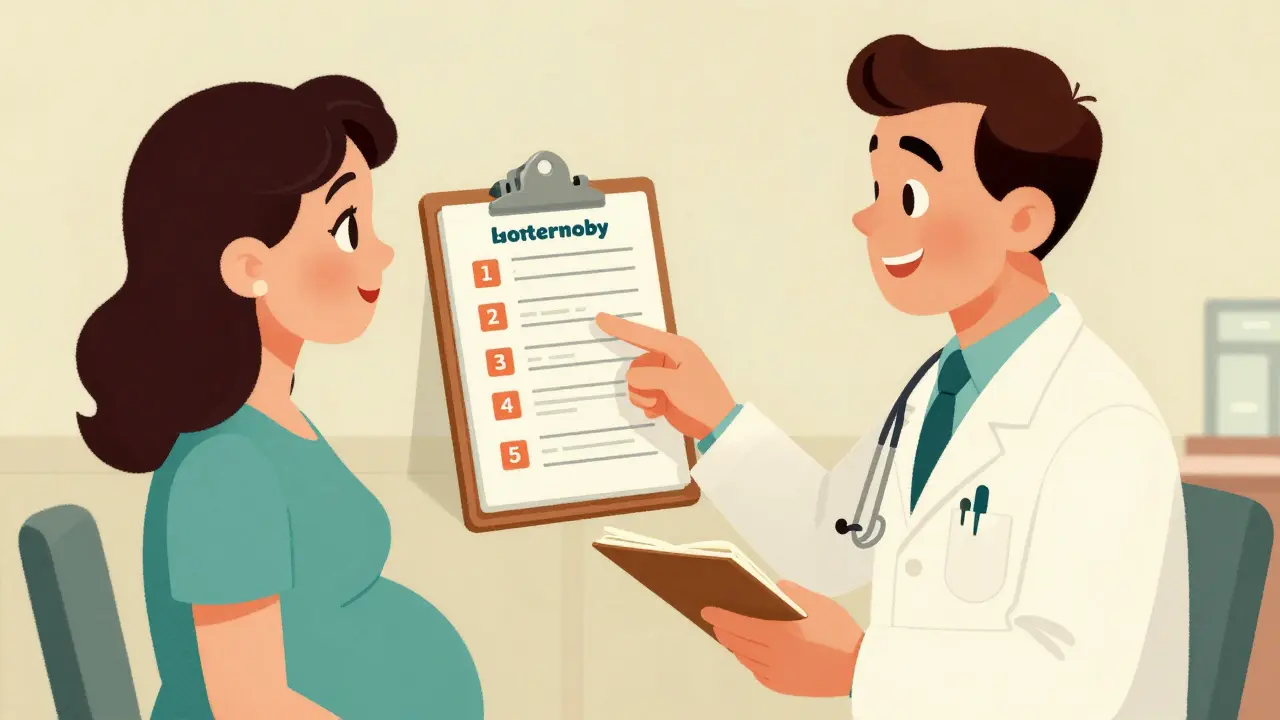 Doctor explaining medication safety to pregnant patient with clipboard
