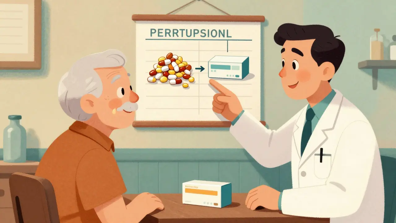 Doctor explaining medication simplification to a smiling senior