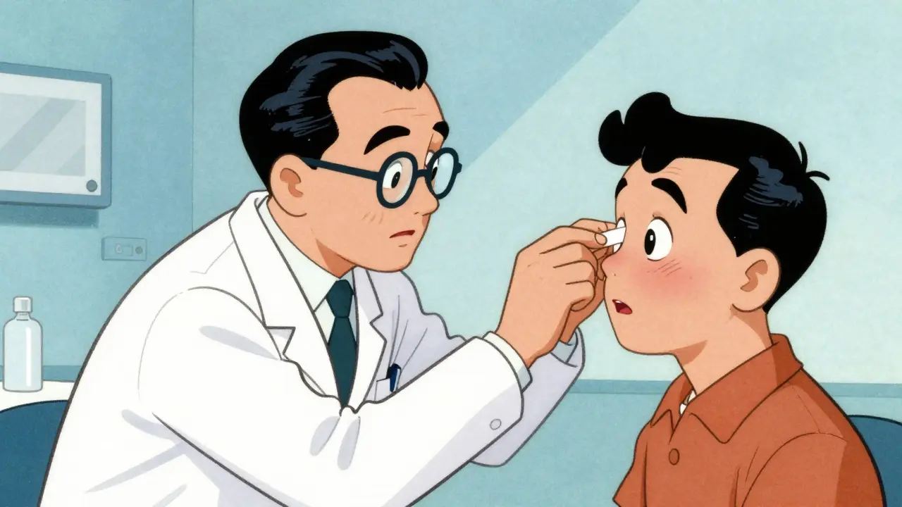 Doctor testing eye pH with litmus paper in clinic