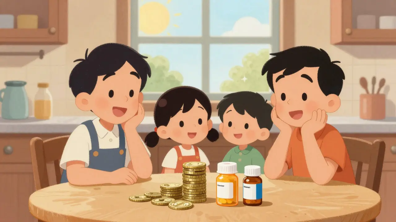 Happy family saving money on generic medications at home