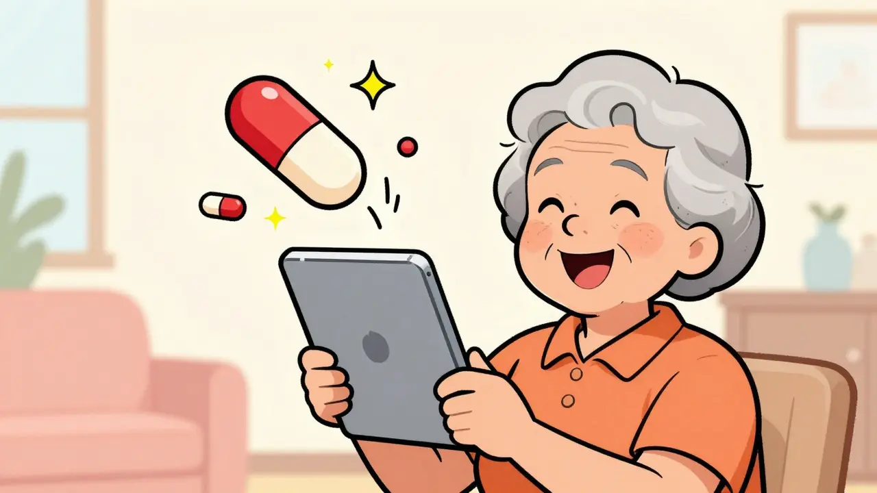Happy senior woman holding a single large combination pill