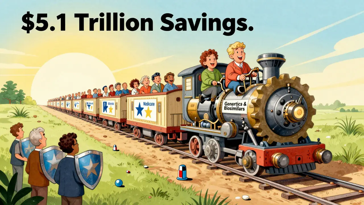 Illustration of generic drugs driving a train of savings towards a bright future for healthcare.