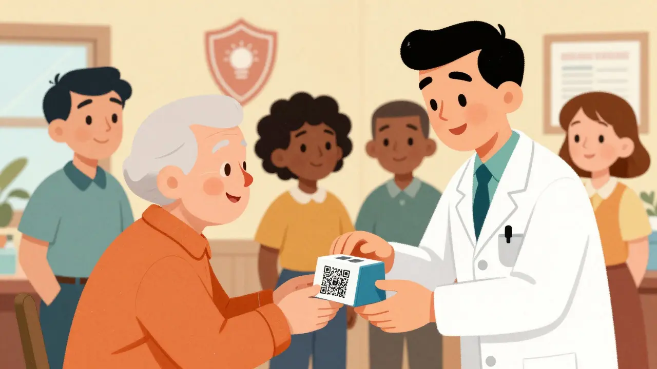 Illustration of pharmacist helping senior scan medicine QR code